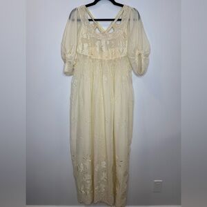 Vintage Embroidered beaded cream vintage dress smock neckline romantic ethereal
